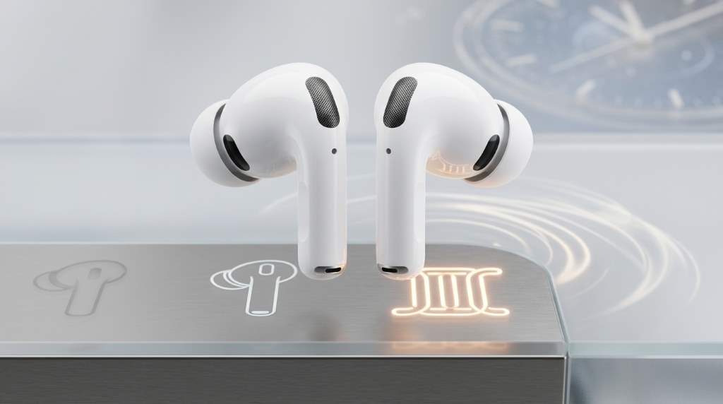 Modern earbuds displaying advanced listening and battery features