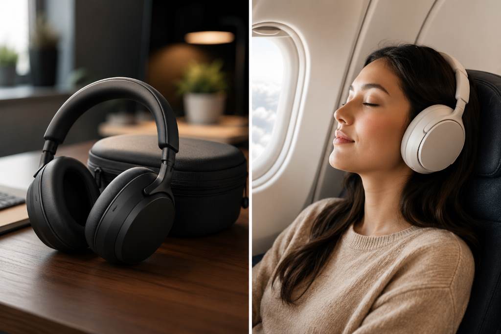Person comparing active noise cancelling headphones before purchase