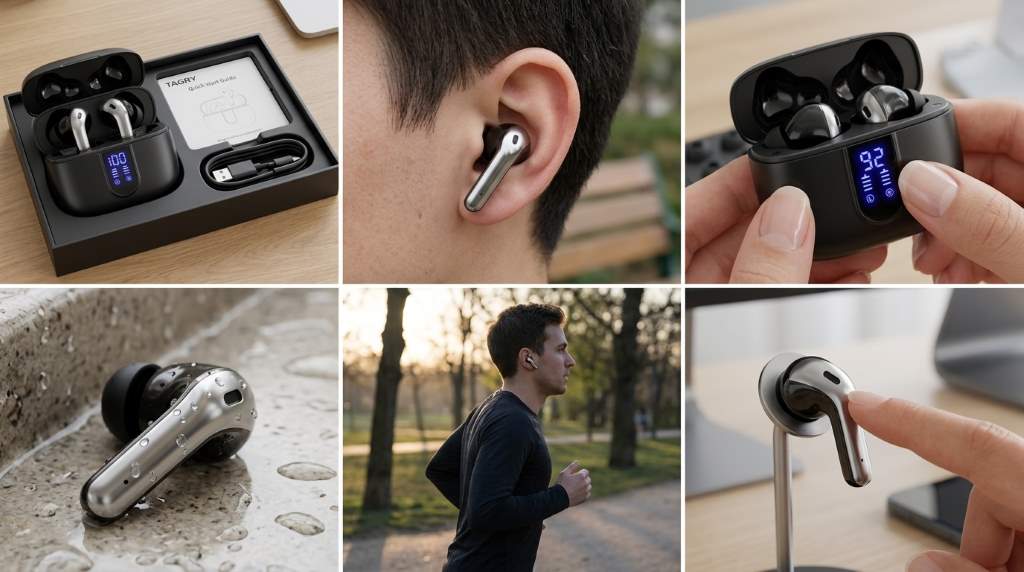 Person using Tagry Bluetooth headphones while commuting