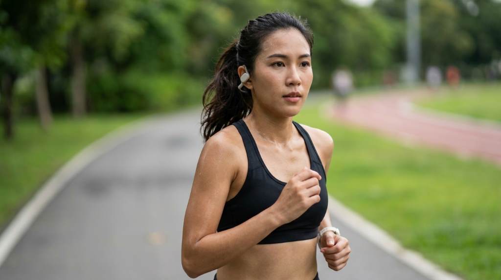 Runner wearing secure wireless running headphones during morning exercise