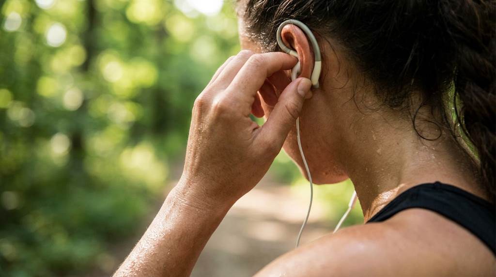 Sweat resistant running headphones beside athletic shoes
