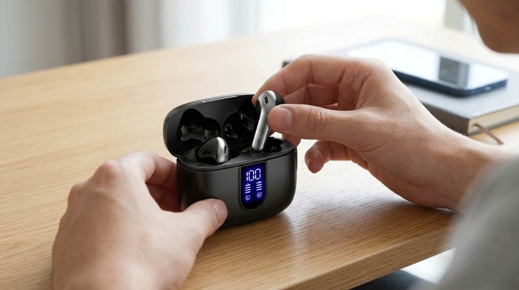 Tagry Bluetooth headphones inside charging case