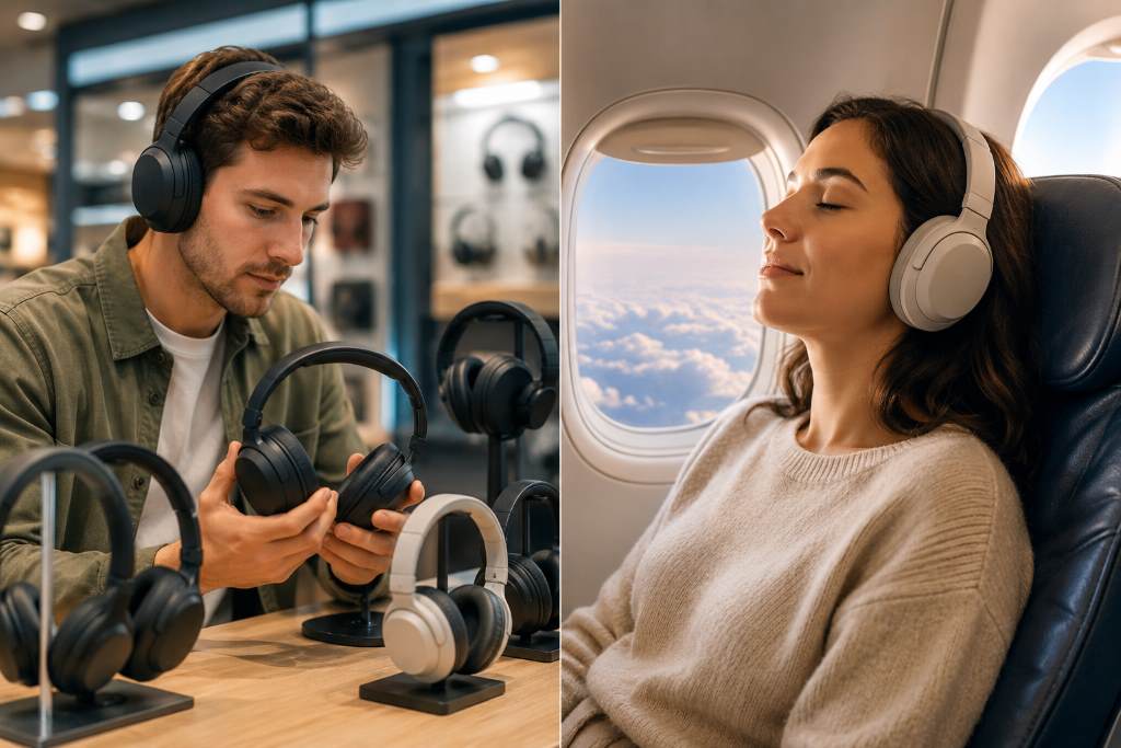 Traveler wearing ANC headphones inside a quiet airplane cabin