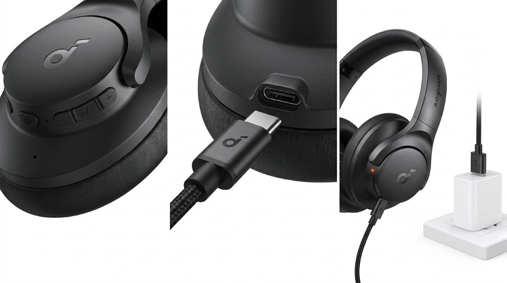Wireless Soundcore Q20i headphones connected to charger